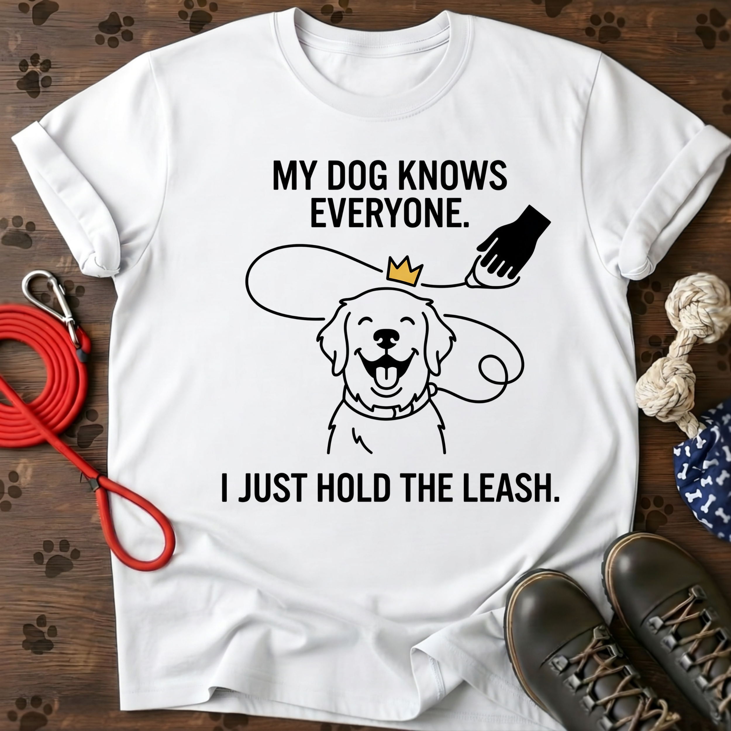 MY DOG KNOWS EVERYONE. I JUST HOLD THE LEASH. Tee