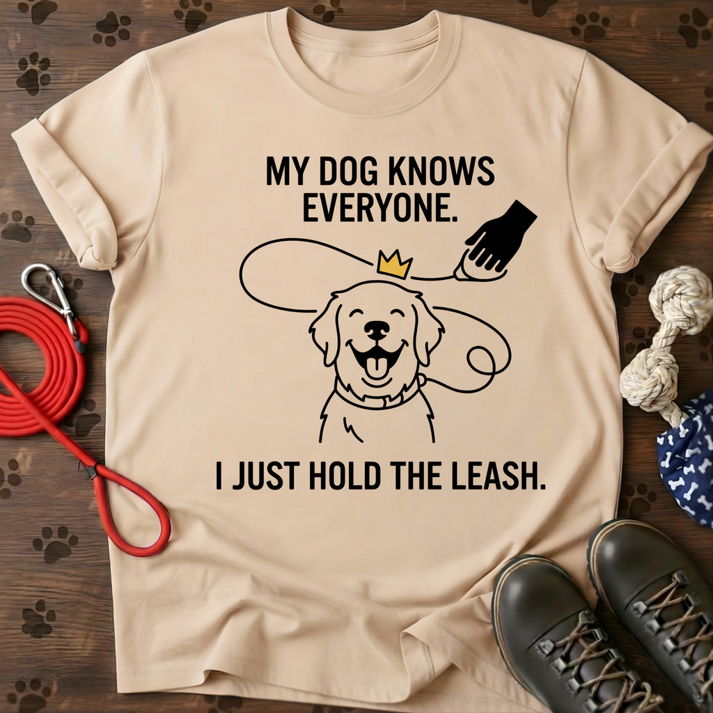 MY DOG KNOWS EVERYONE. I JUST HOLD THE LEASH. Tee