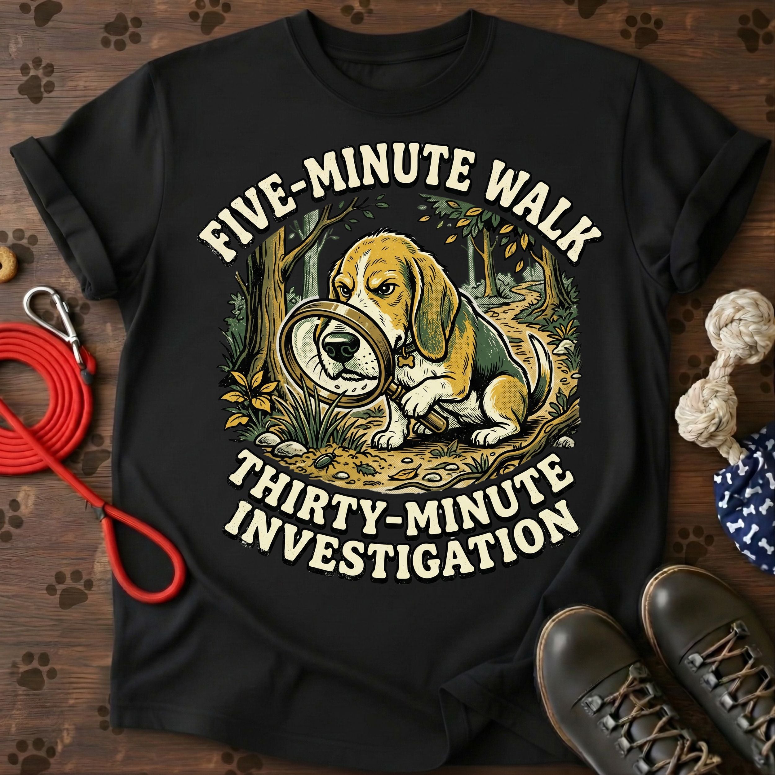FIVE-MINUTE WALK. THIRTY-MINUTE INVESTIGATION.  Tee