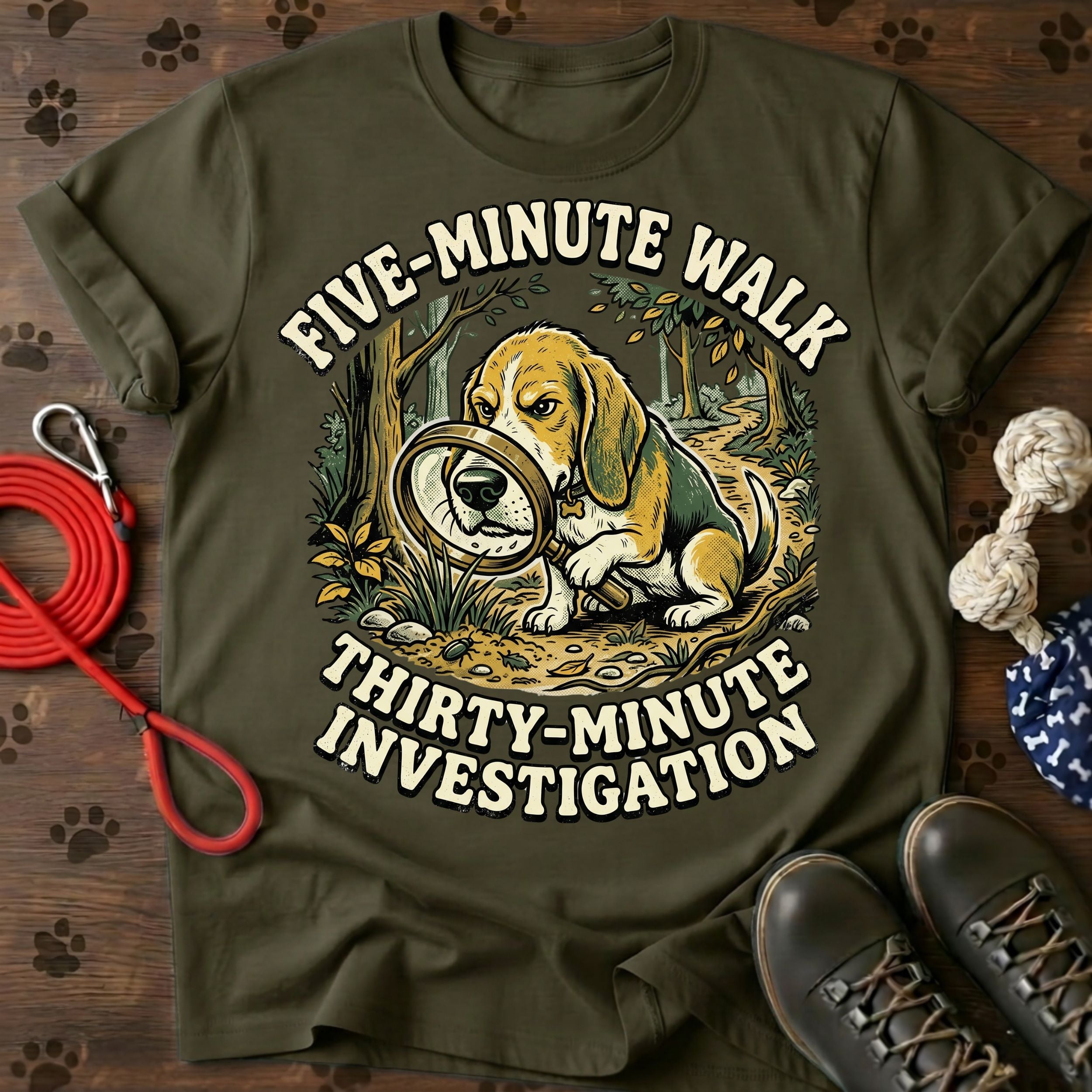 FIVE-MINUTE WALK. THIRTY-MINUTE INVESTIGATION.  Tee