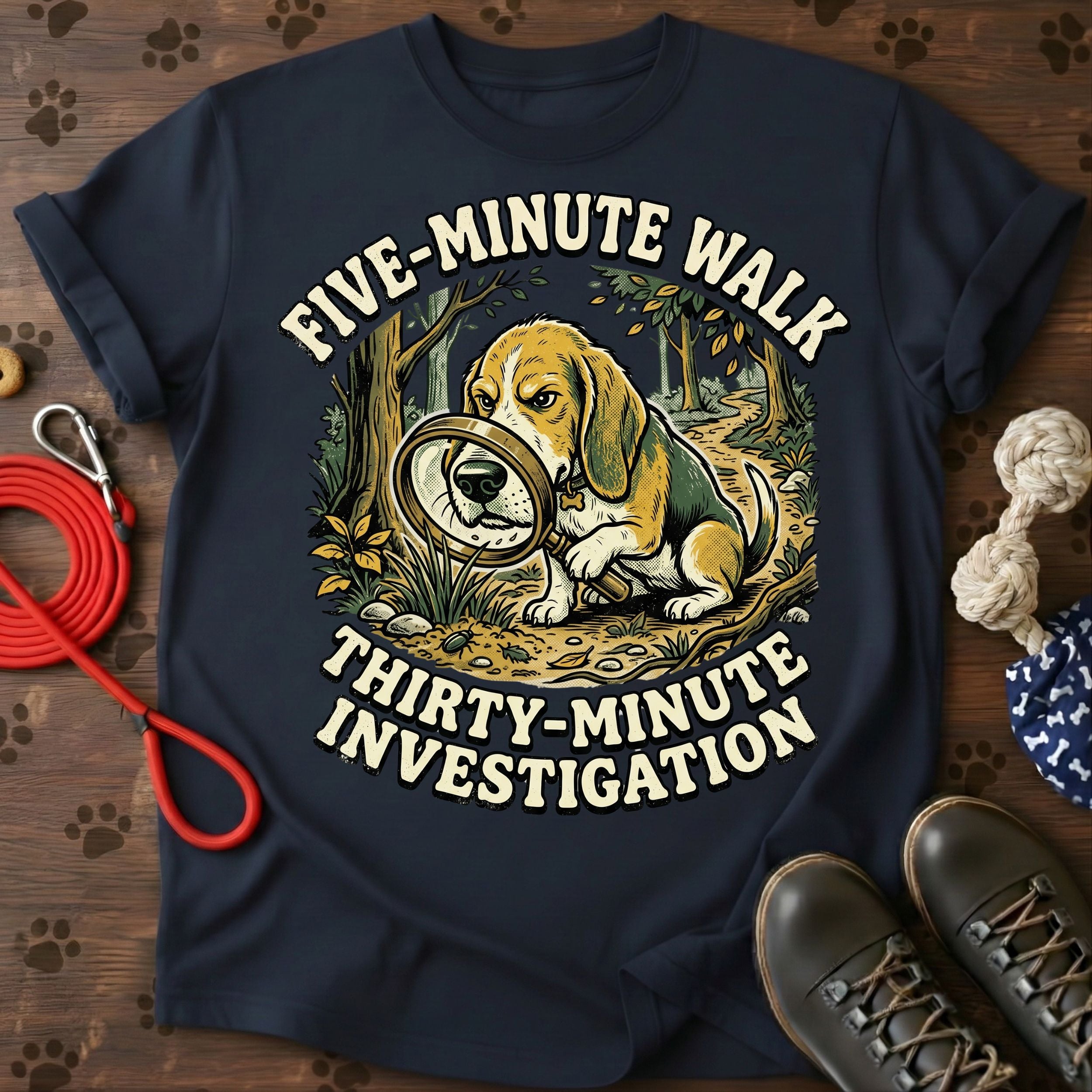 FIVE-MINUTE WALK. THIRTY-MINUTE INVESTIGATION.  Tee