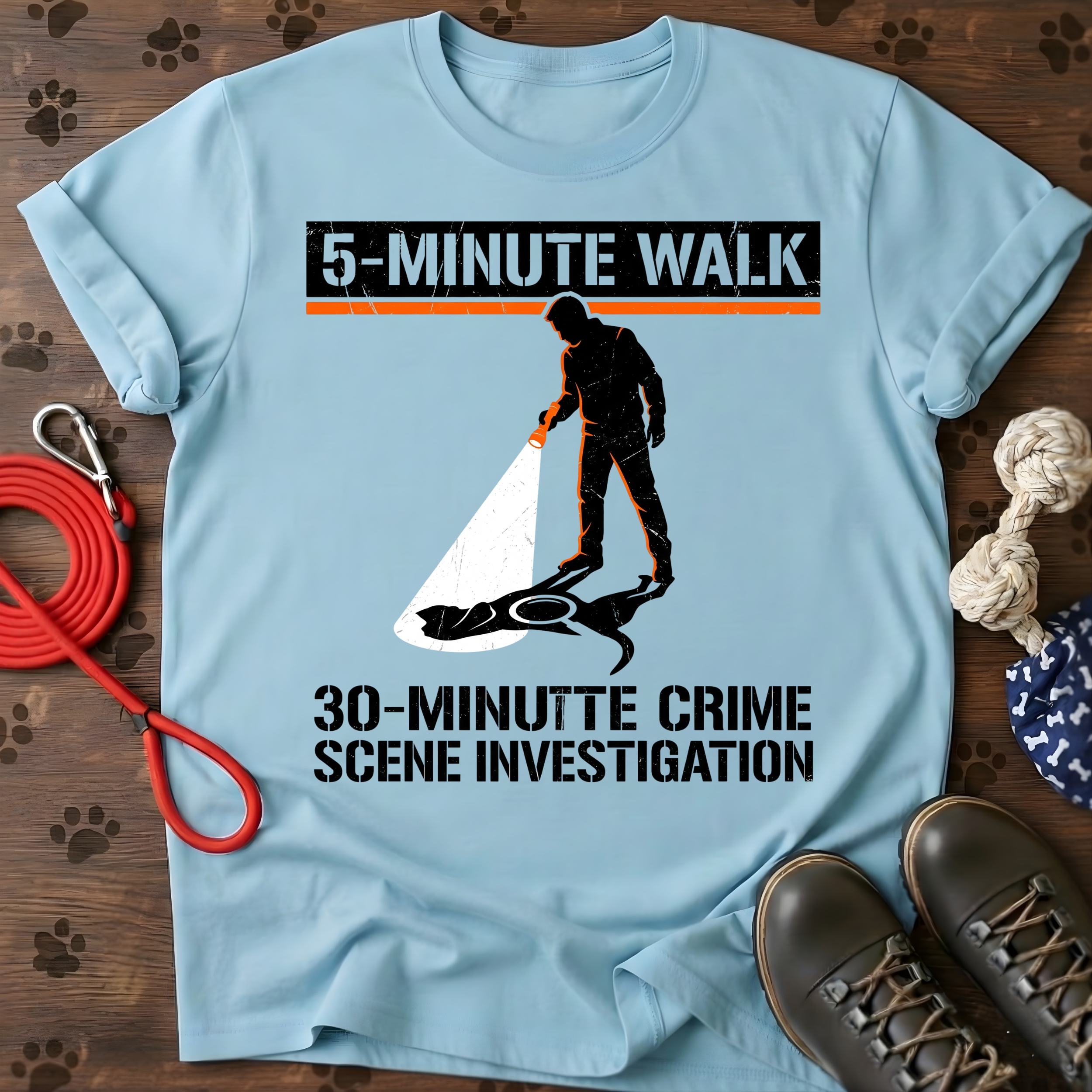 FIVE-MINUTE WALK. THIRTY-MINUTE INVESTIGATION. Tee