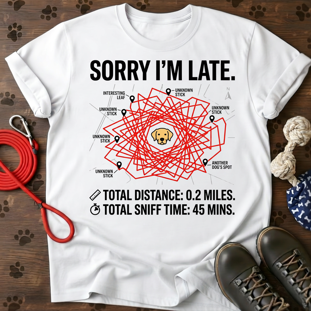 SORRY I’M LATE. MY LABRADOR HAD TO SMELL EVERYTHING. Tee
